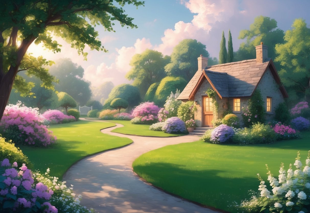 A serene and peaceful garden with a winding path leading to a cozy cottage, surrounded by blooming flowers and lush greenery, symbolizing a fulfilling retirement beyond financial wealth