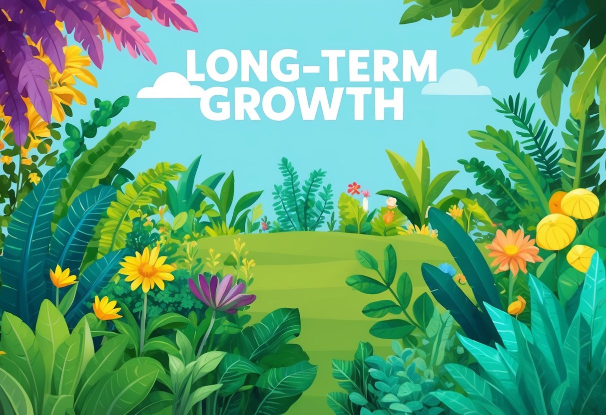 A vibrant garden with a variety of thriving plants, symbolizing long-term growth and the power of optimism in achieving financial independence