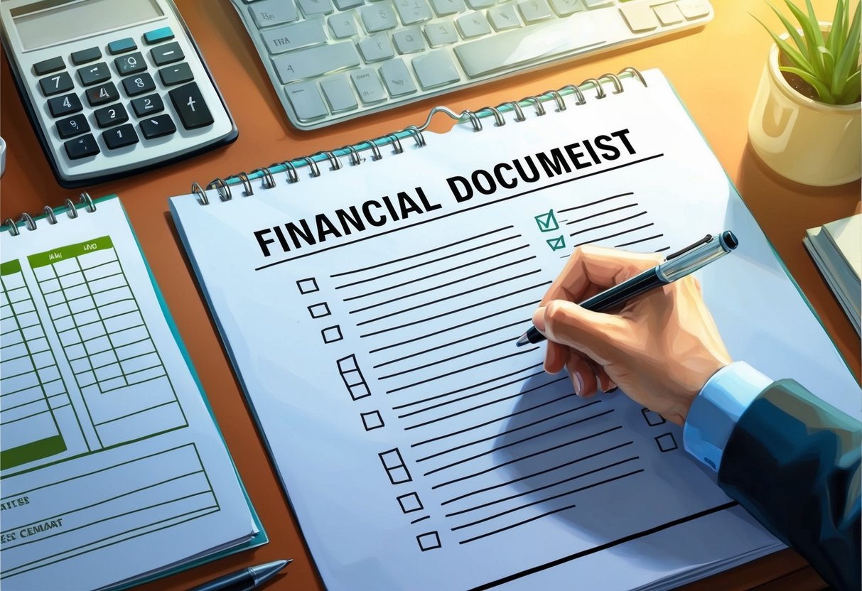 A desk with a calendar, financial documents, and a checklist. A person's hand holding a pen, checking off items on the list