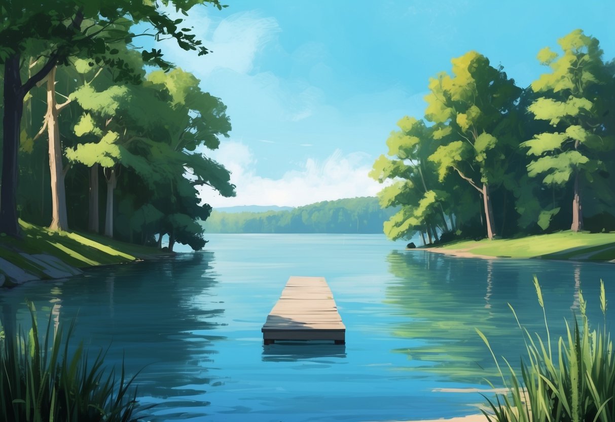 A serene lakeside with a lone dock stretching out into the water, surrounded by lush green trees and a clear blue sky, evoking a sense of peace and purpose