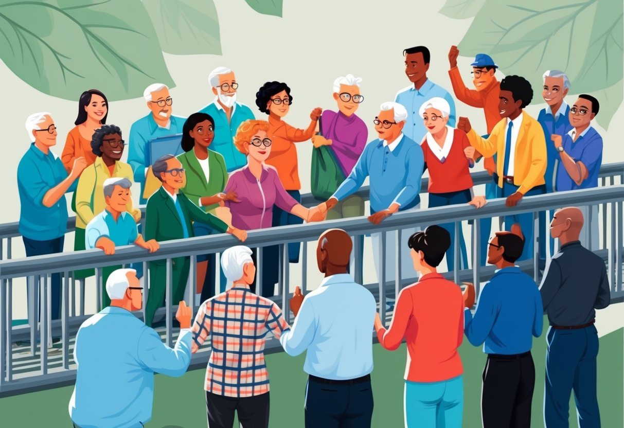 A diverse group of people of all ages working together to build a bridge, symbolizing the collective effort in supporting retirement readiness for all generations