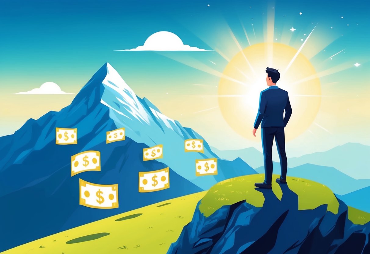 A person standing on top of a mountain, looking out at a bright future with a clear path to financial independence