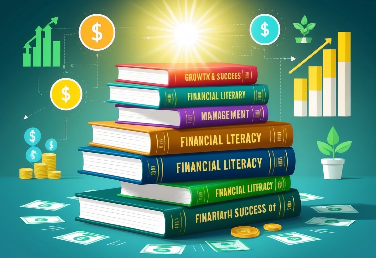 A stack of books on financial literacy and management, with a bright light shining on them, surrounded by symbols of growth and success
