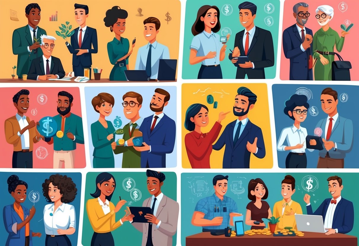 A diverse group of people of different ages and backgrounds are shown engaging in various activities that symbolize financial independence, such as managing investments, starting a business, and enjoying leisure activities