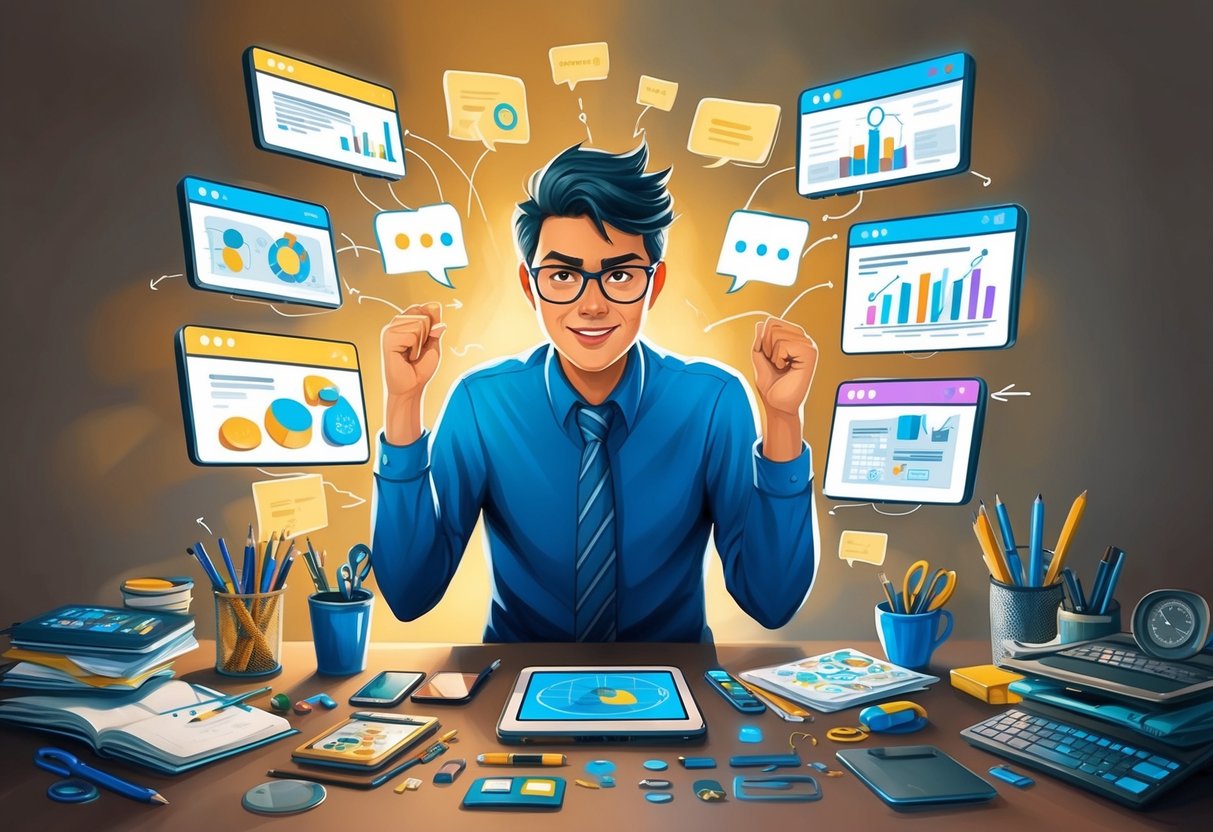 A person working on multiple projects with a determined and hopeful expression, surrounded by various tools and resources for their entrepreneurial ventures