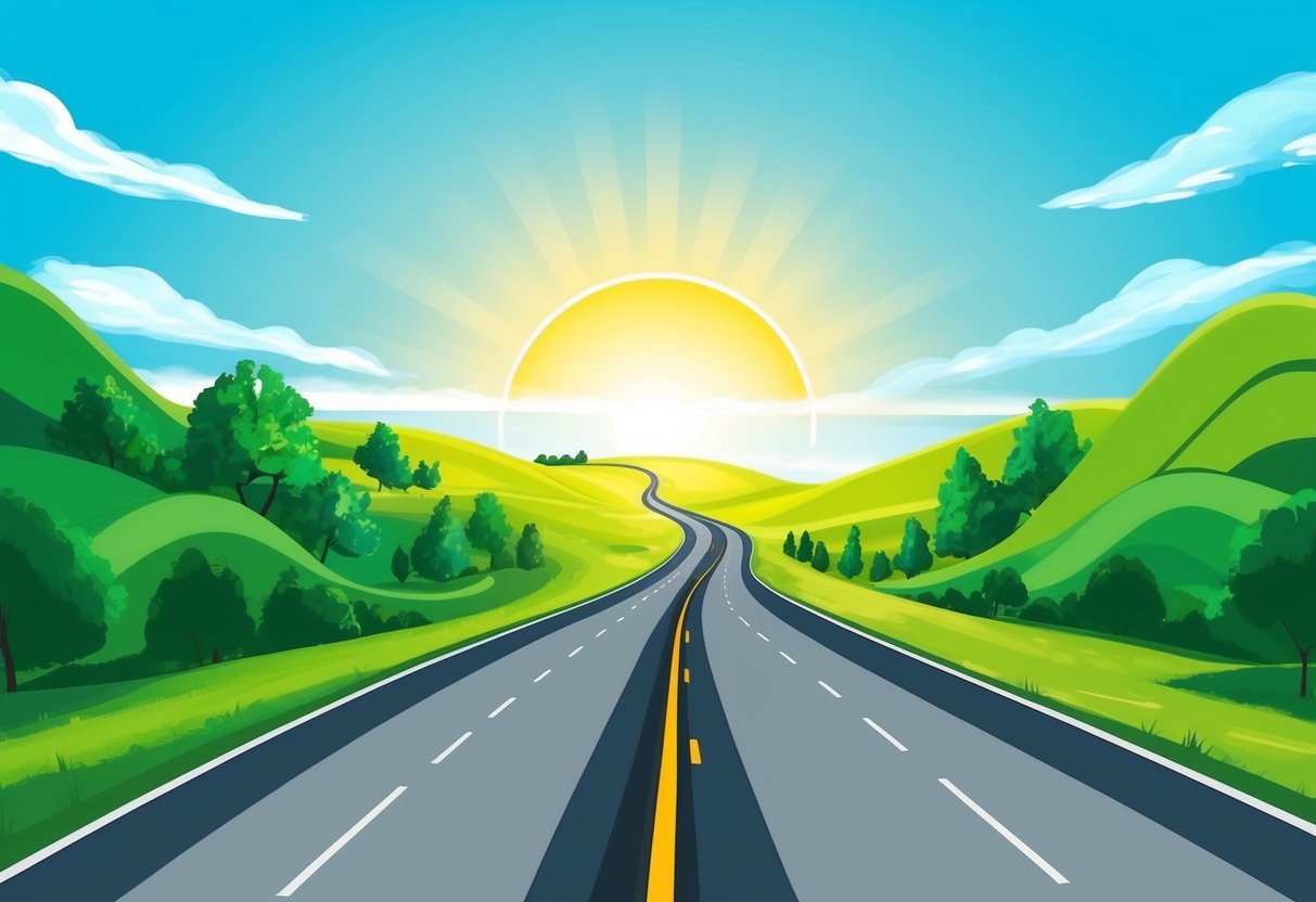 A winding road leads towards a bright horizon, with a shining sun and clear blue skies overhead. Green trees and rolling hills line the path, symbolizing a journey towards financial stability and independence