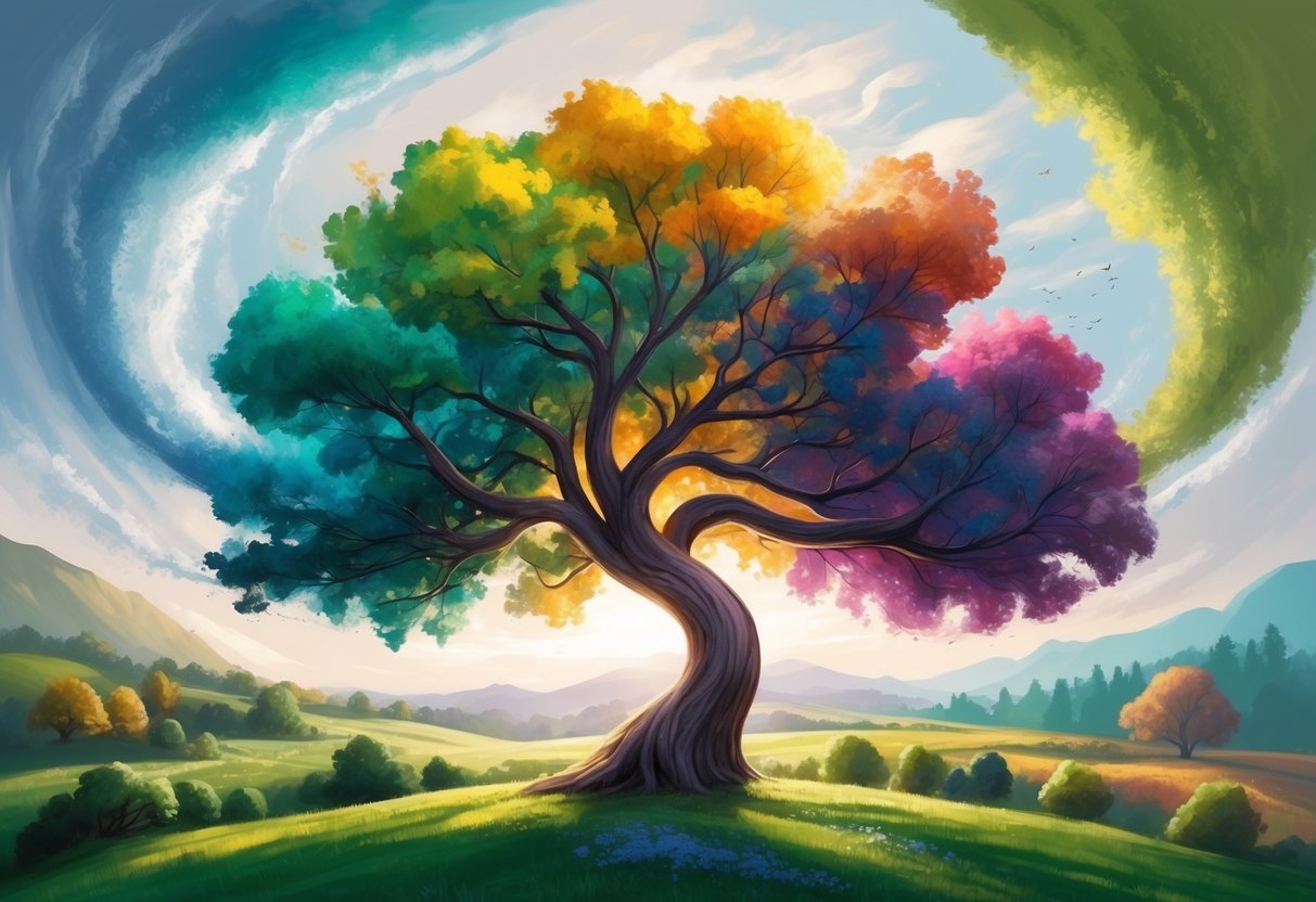 A colorful tree bending and swaying in the wind, surrounded by changing seasons and varying landscapes