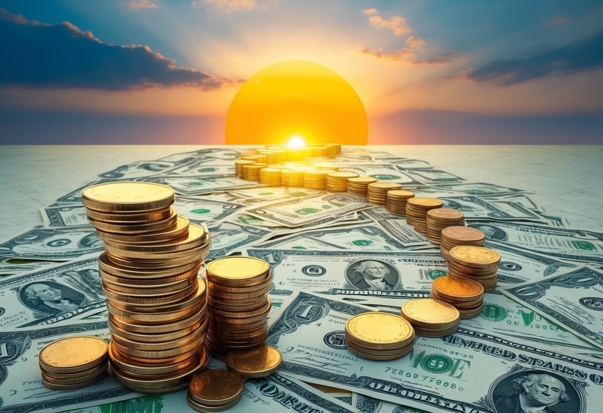 A stack of coins and dollar bills arranged in a winding path leading towards a glowing sunset, symbolizing the journey towards retirement
