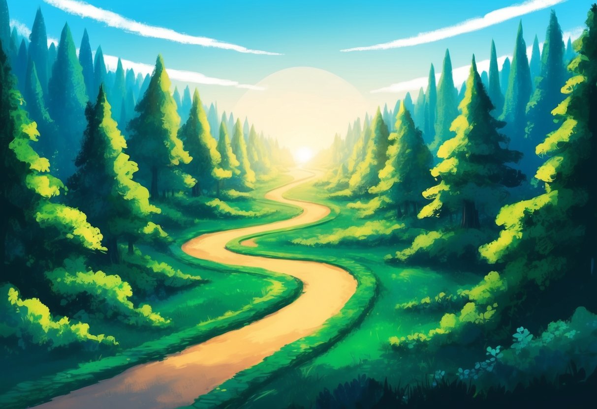 A winding path through a lush forest, with a clear blue sky above and a glowing light at the end of the trail