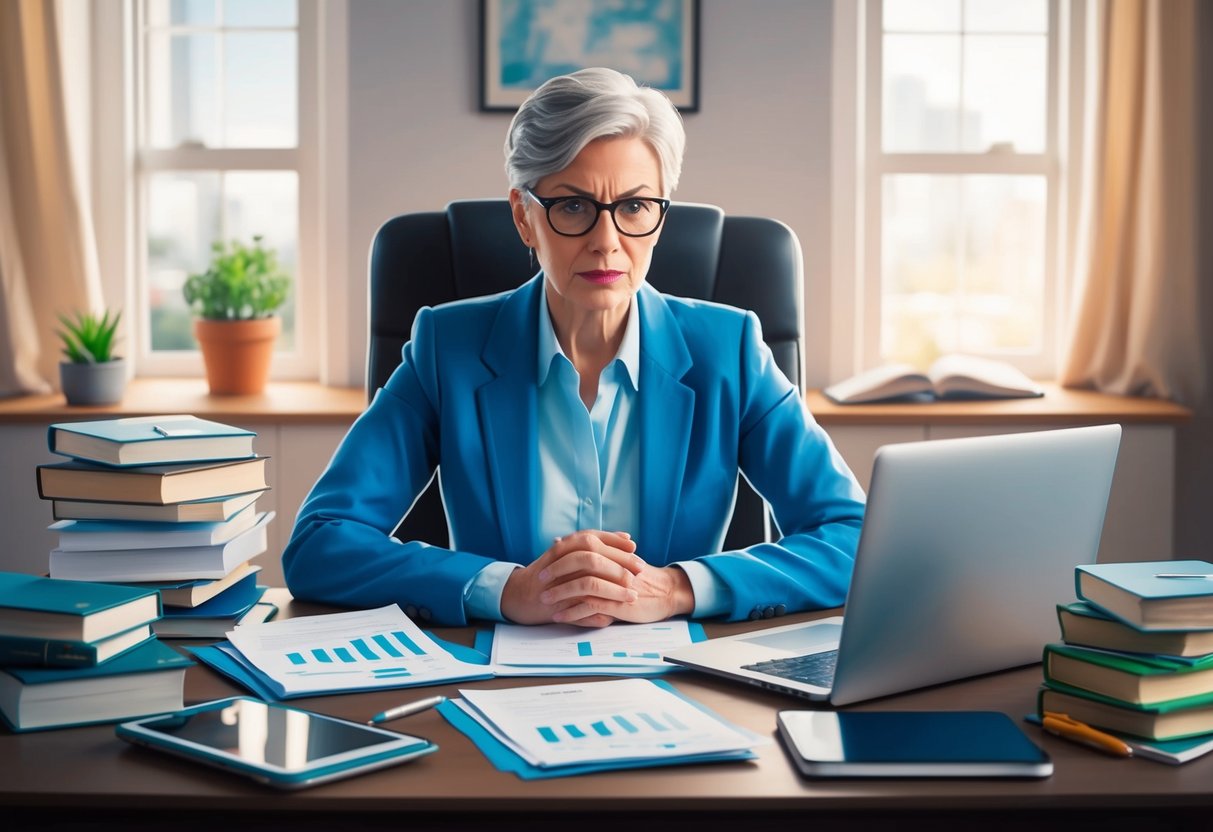 A person sitting at a desk surrounded by financial documents, books, and a laptop, with a determined expression on their face as they plan for retirement