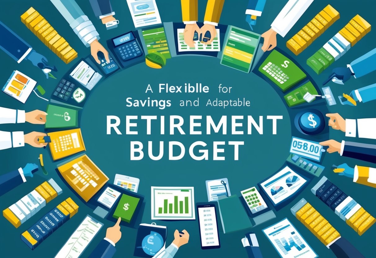 A diverse range of financial elements (savings, investments, expenses) forming a flexible and adaptable retirement budget plan