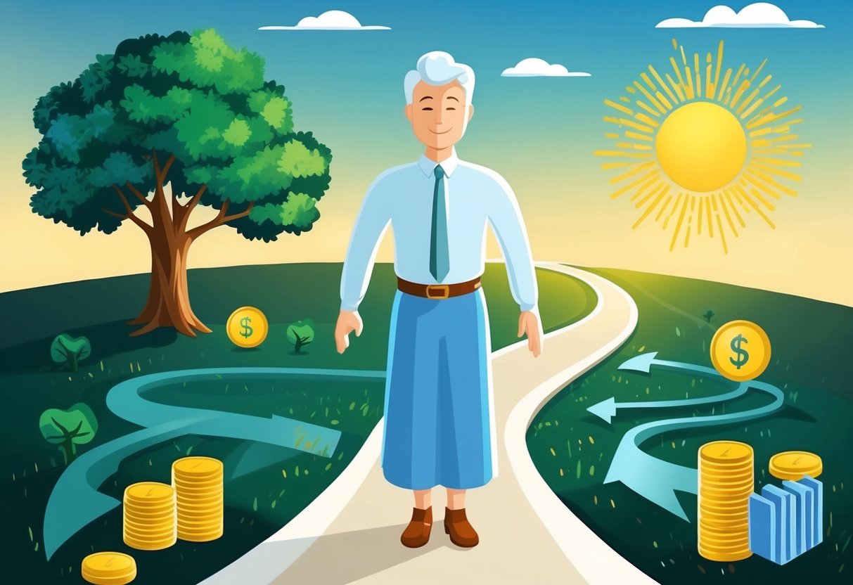 A serene and confident figure surrounded by symbols of financial stability and growth, such as a sturdy oak tree, a winding path leading towards the horizon, and a shining sun representing a bright future