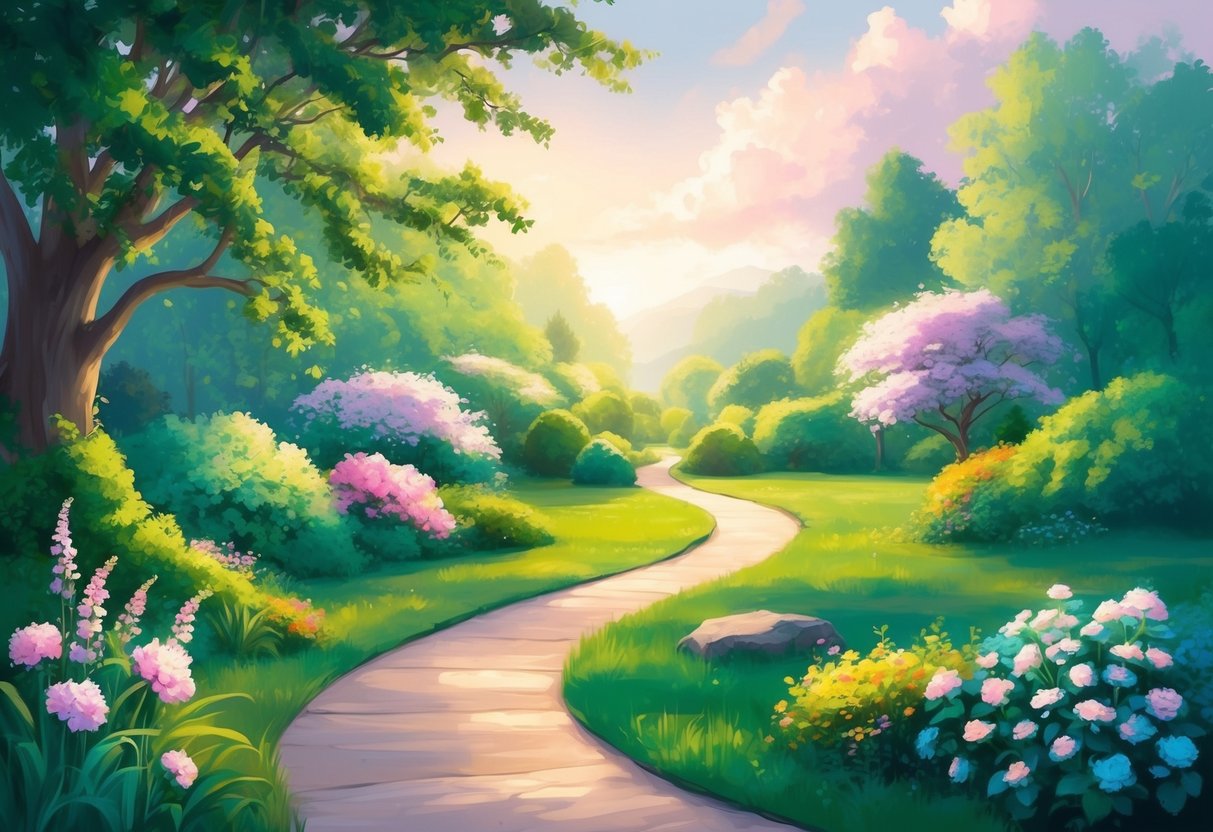 A serene landscape with a winding path leading to a tranquil garden, surrounded by blooming flowers and lush greenery, symbolizing the journey towards joy and purpose in retirement