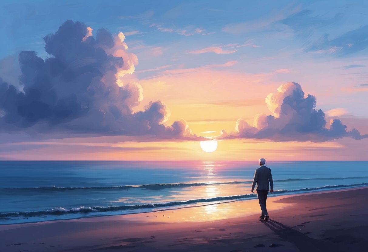 A peaceful sunset over a tranquil beach, with a lone figure walking along the shore, symbolizing financial confidence and retirement planning