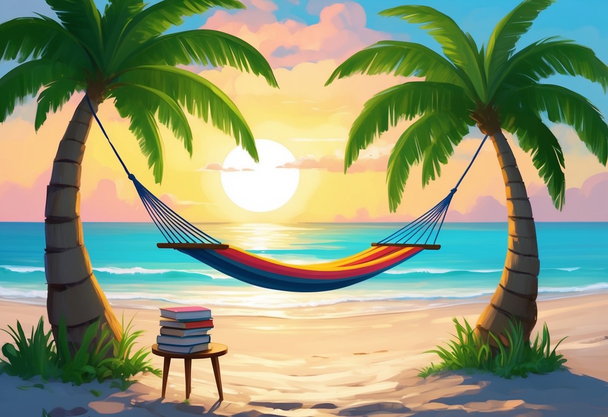 A peaceful beach at sunset, with a hammock strung between two palm trees and a stack of books on a small table