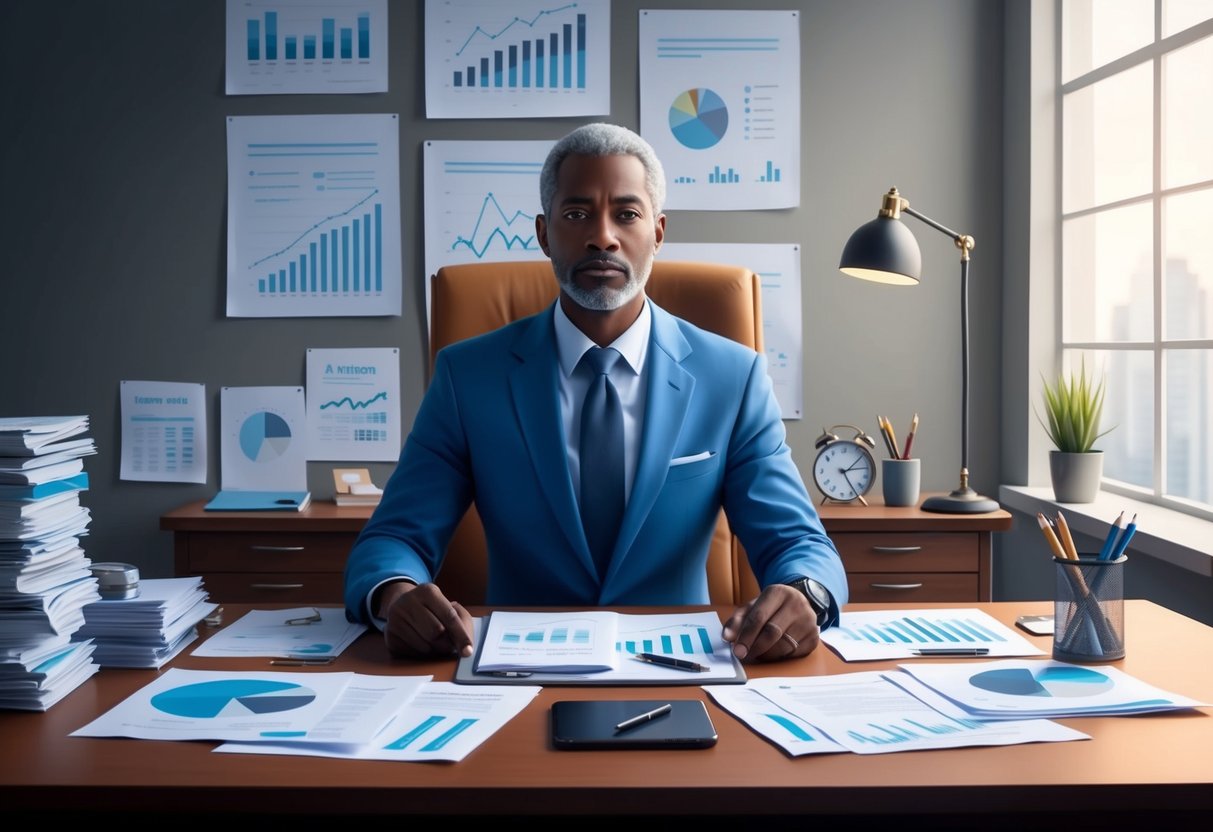 A serene and confident individual sitting at a desk, surrounded by financial documents and charts, with a sense of determination and focus
