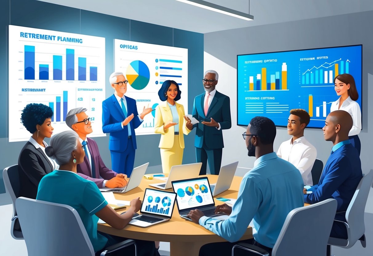 A group of diverse individuals discussing retirement options and financial planning in a modern office setting with charts and graphs displayed on a large screen