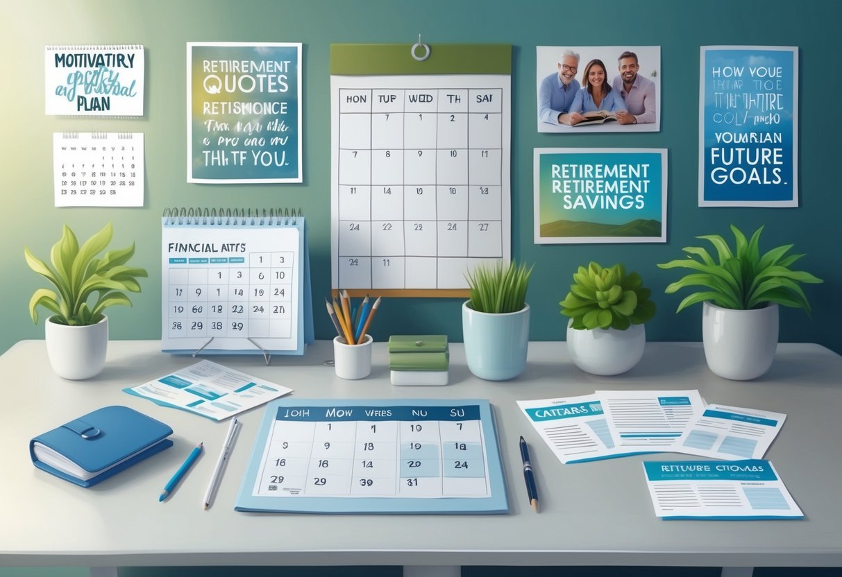 A serene and organized workspace with a calendar, financial documents, and a retirement savings plan laid out on a desk, surrounded by motivational quotes and images of future goals