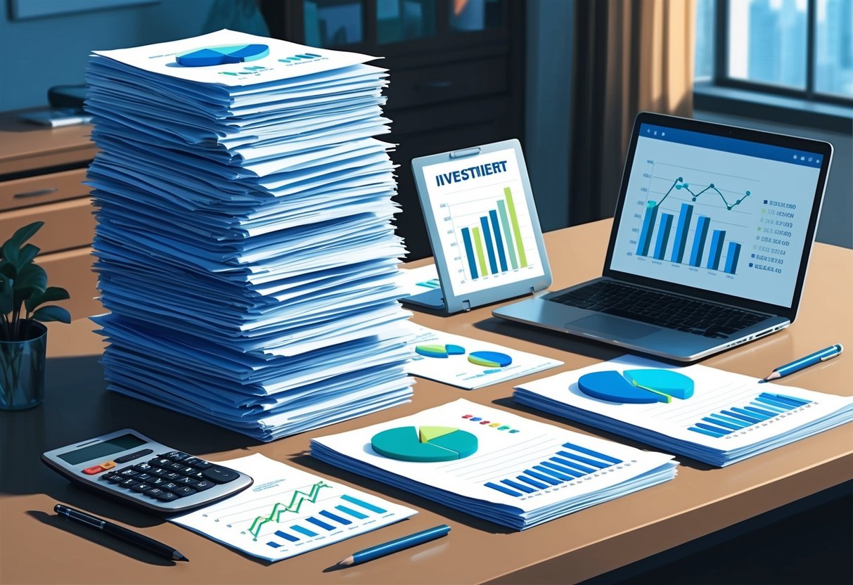 A stack of financial documents and charts arranged neatly on a desk, with a calculator and pen nearby. A laptop displaying investment graphs