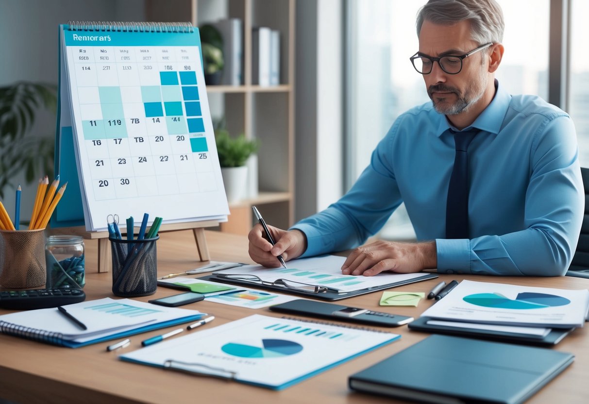 A desk with a neat array of financial planning tools and documents, a calendar with retirement milestones marked, and a focused individual working diligently