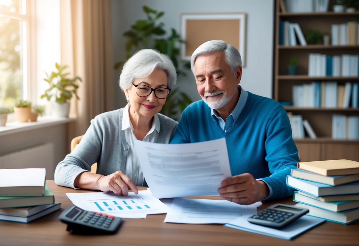 A serene elderly couple reviewing financial documents at a cozy home office, surrounded by retirement planning books and a calculator