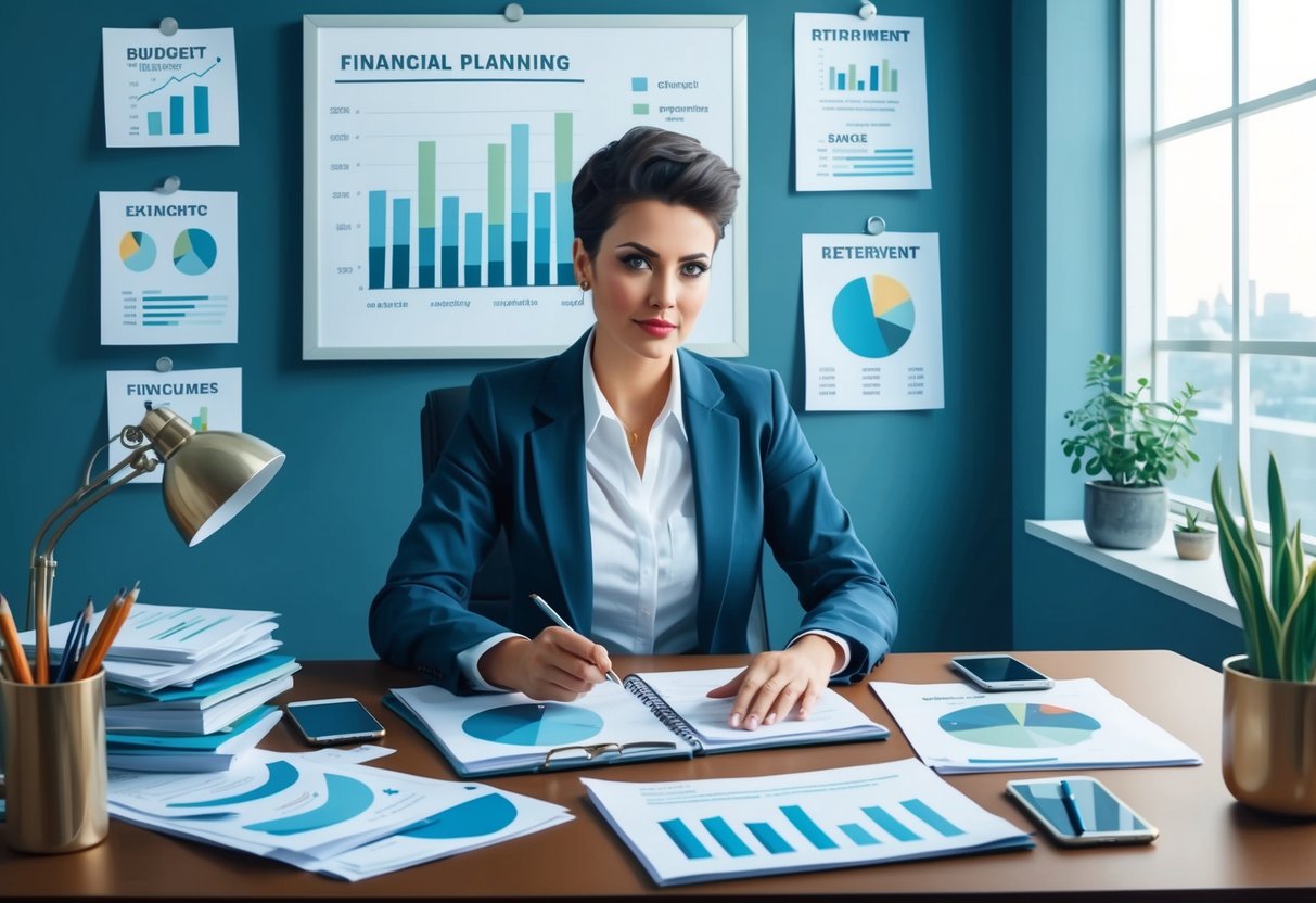 A person sitting at a desk, surrounded by financial planning materials and charts, with a determined expression while managing their budget and retirement savings