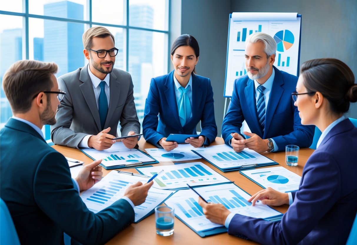 A group of professionals discussing financial planning, surrounded by charts and graphs. Confidence and determination evident in their expressions