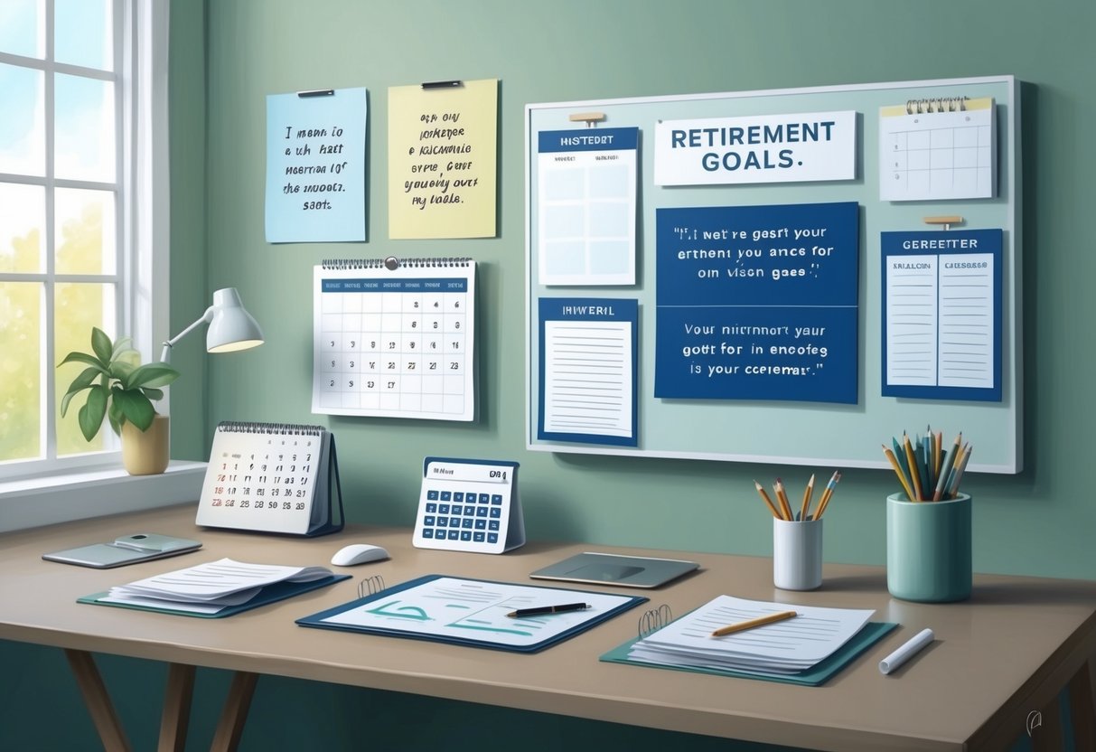 A serene and organized workspace with a calendar, financial documents, and a vision board displaying retirement goals and inspiring quotes