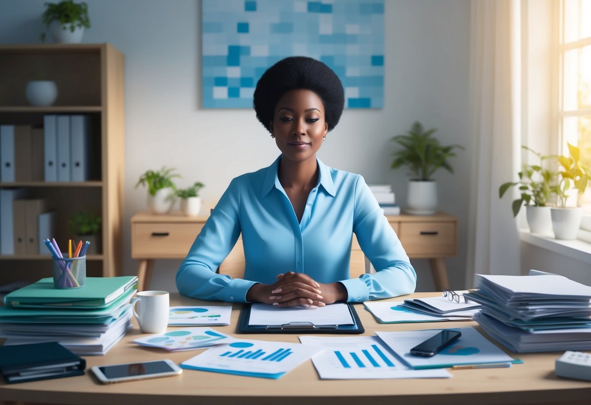 A serene and focused individual sits at a clutter-free desk, surrounded by financial planning materials. The room is bathed in natural light, creating a calm and productive atmosphere