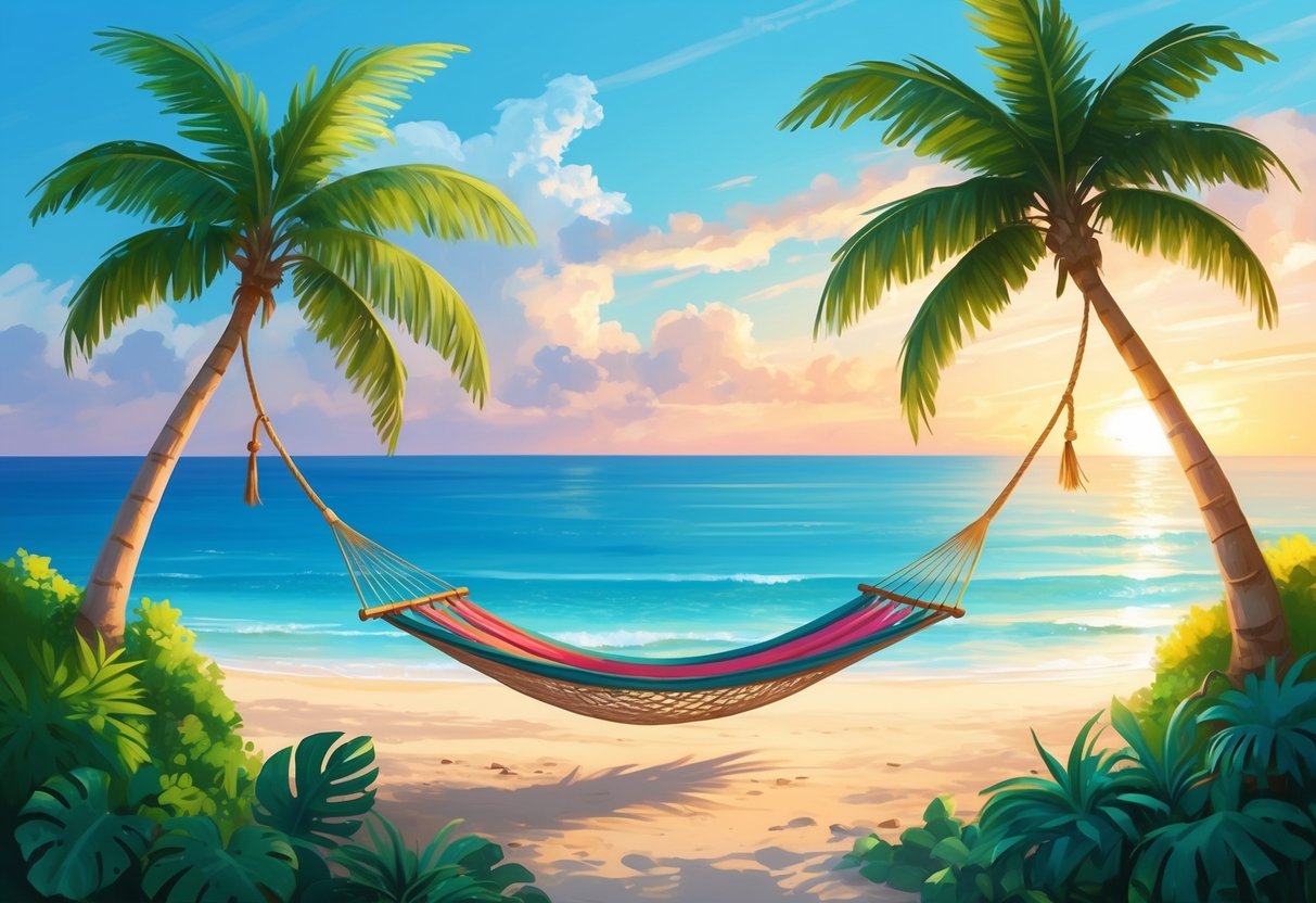 A serene beach at sunset, with a hammock strung between two palm trees, surrounded by lush greenery and a clear blue ocean