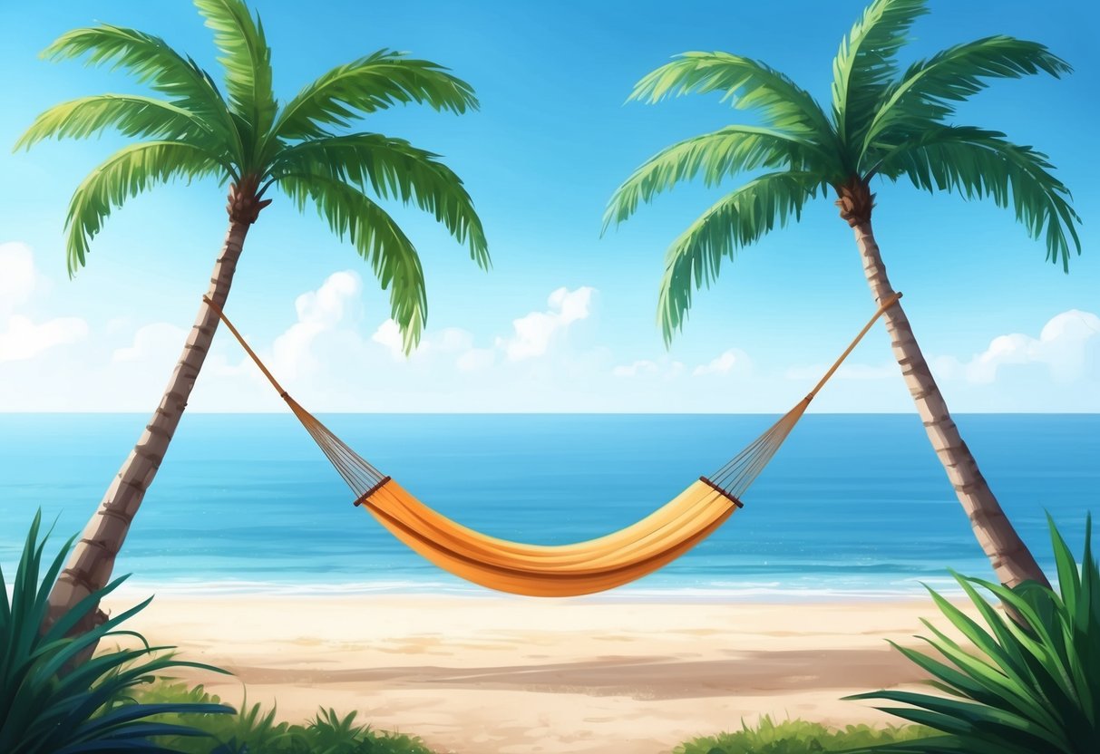 A serene beach with a hammock strung between two palm trees, overlooking a calm ocean with a clear blue sky
