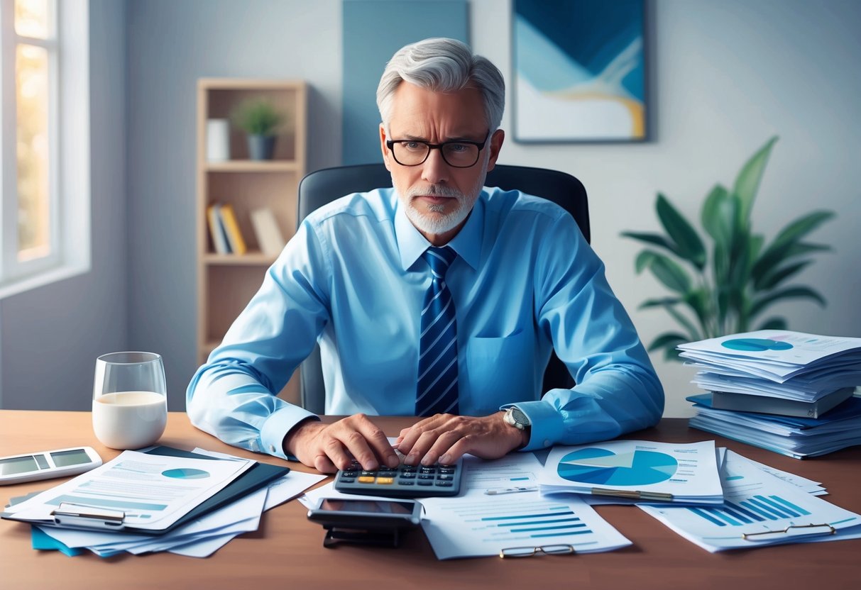 A person sitting at a desk, surrounded by financial documents and a calculator, with a determined expression on their face as they plan for retirement