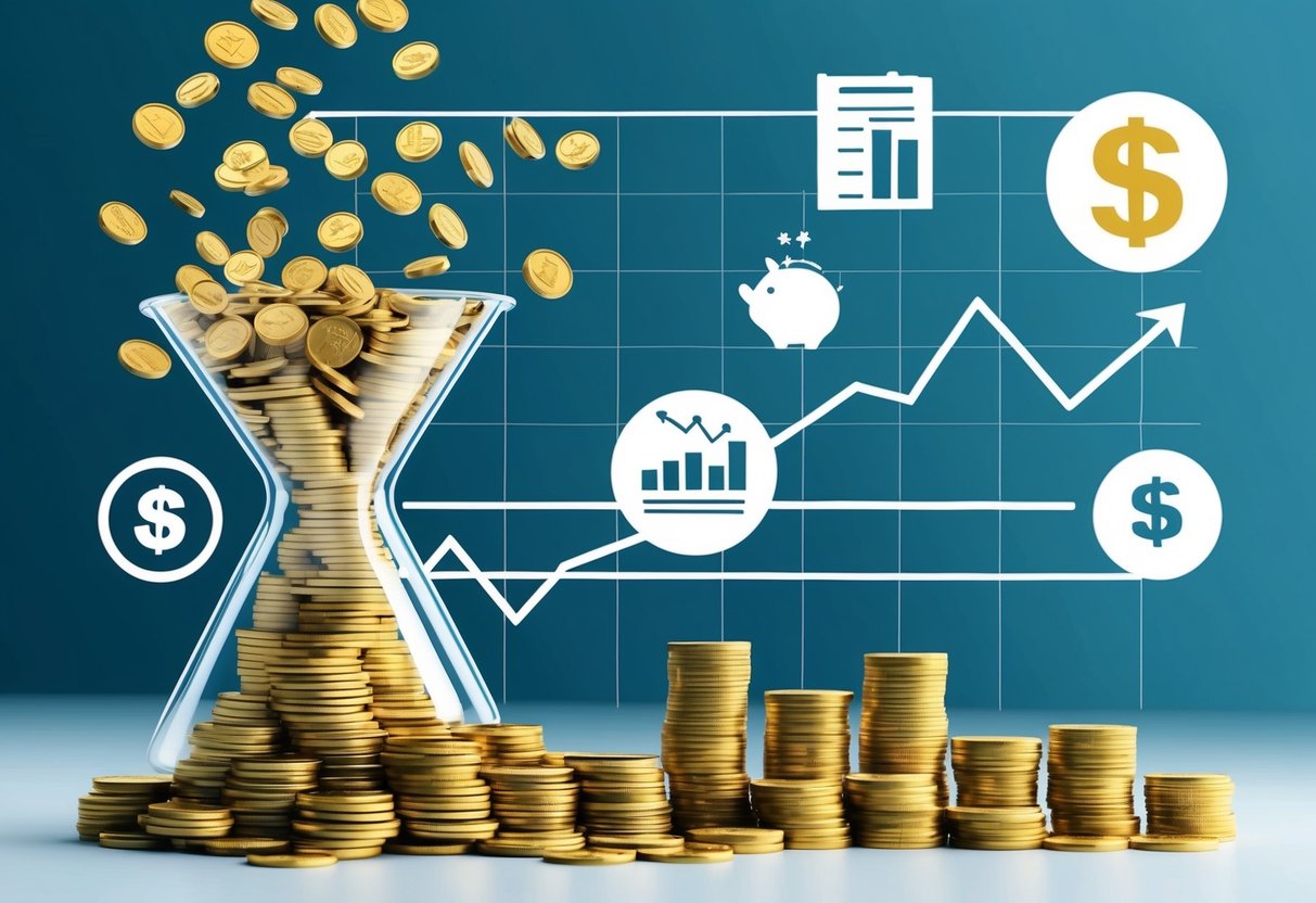 A stack of coins flowing into a funnel while a line graph shows steady growth, surrounded by symbols of financial stability and retirement