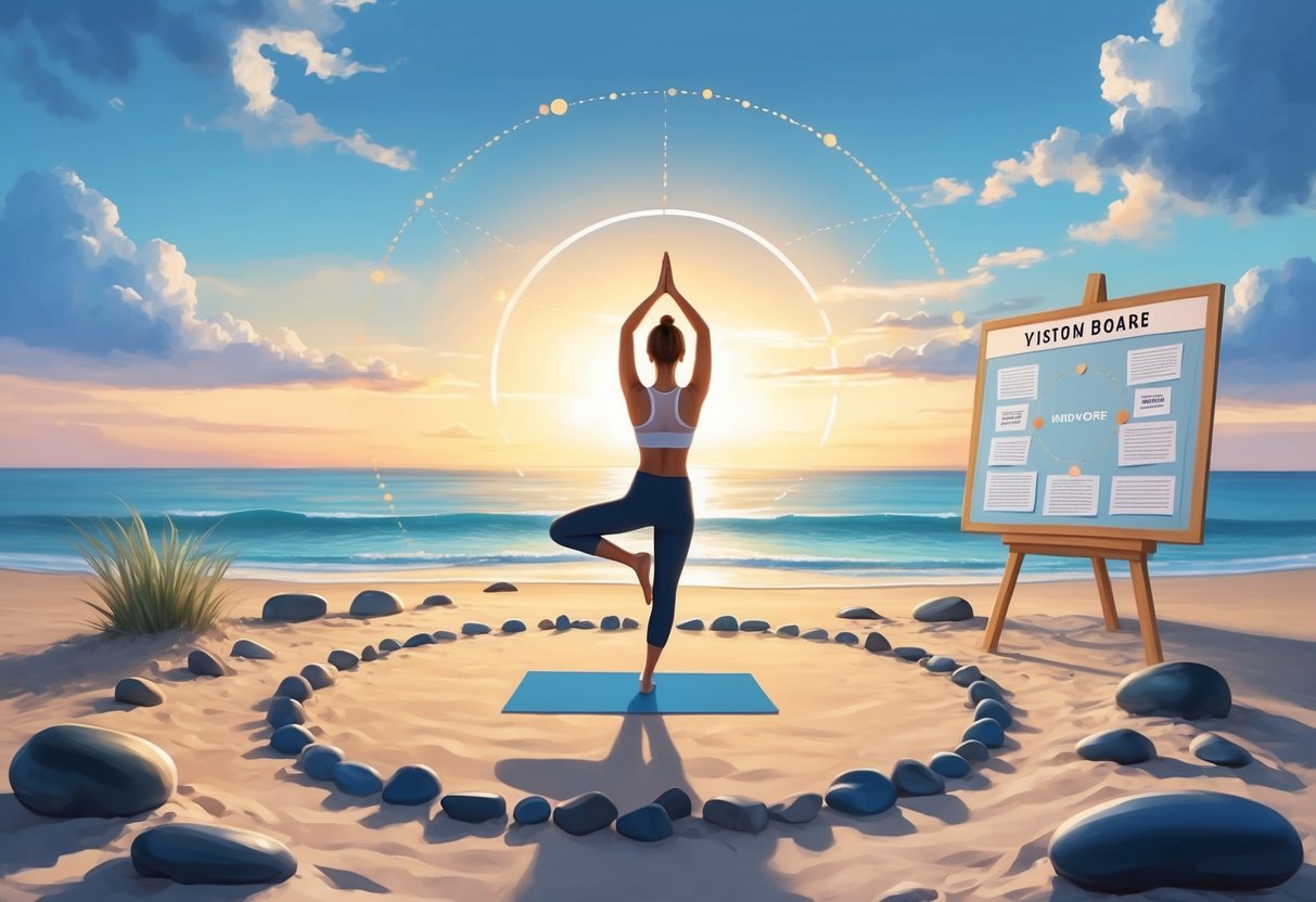 A serene beach at sunrise, with a figure practicing yoga on the sand, surrounded by a circle of stones and a vision board