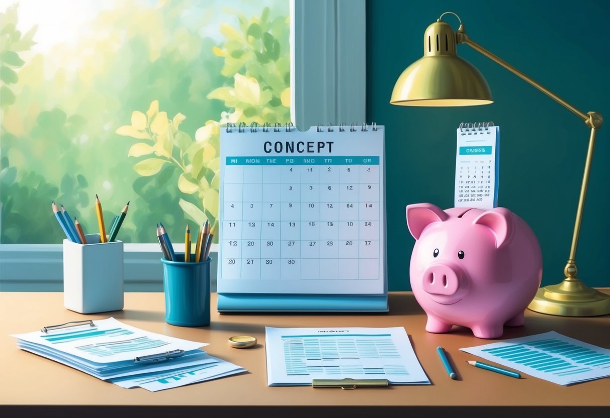 A serene, organized workspace with a calendar, financial documents, and a personified piggy bank symbolizing retirement planning success
