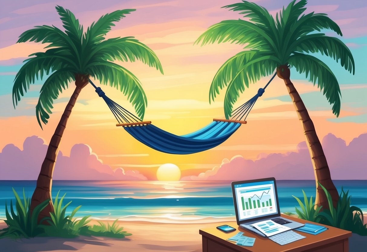 A serene beach at sunset, with a hammock strung between two palm trees and a small table with a laptop and financial documents