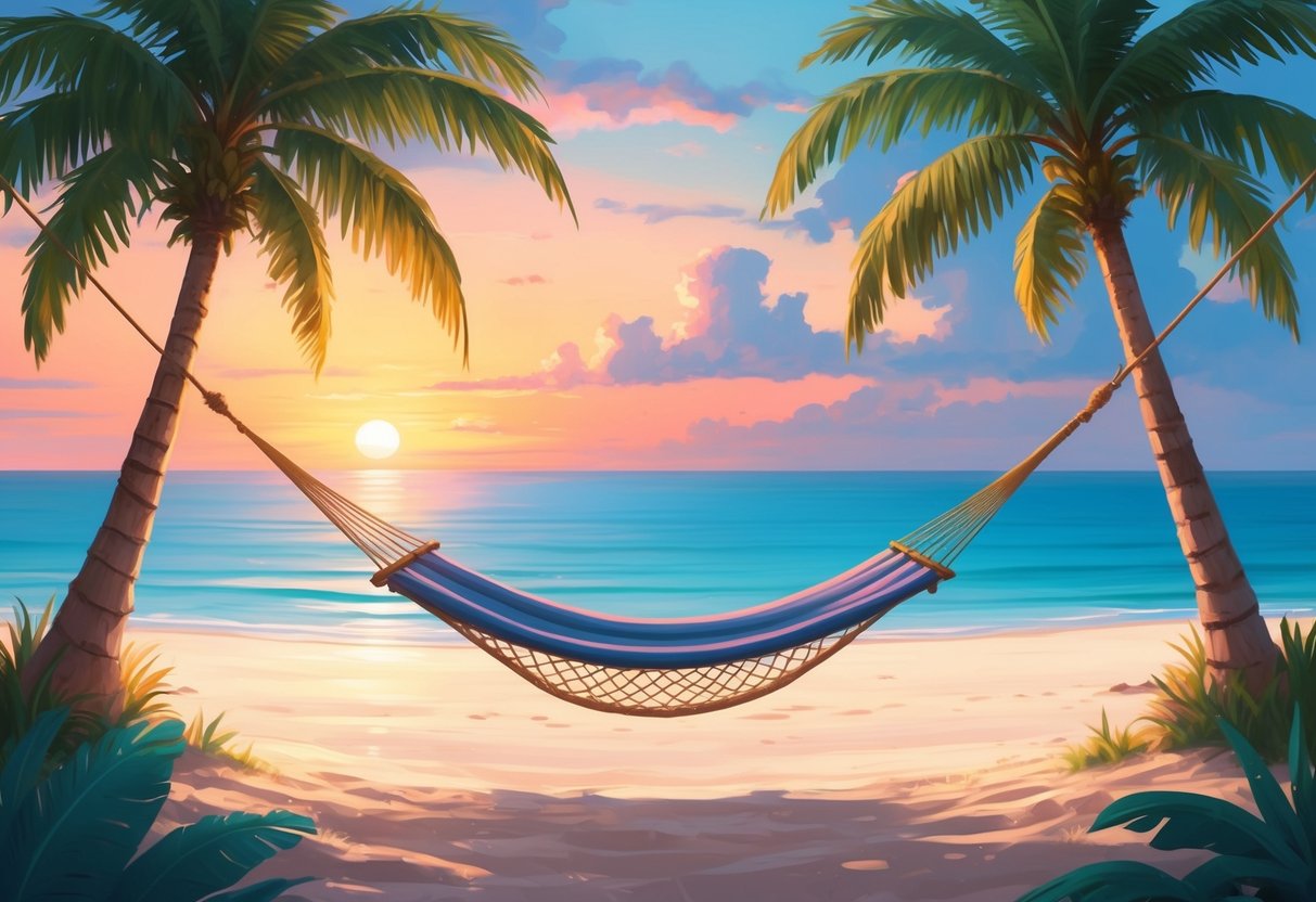 A serene beach with a hammock strung between two palm trees, overlooking a calm ocean and a vibrant sunset