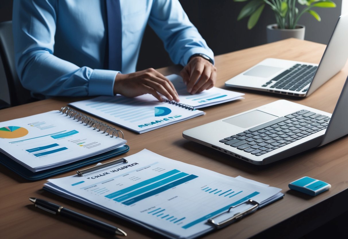 A desk with a neatly organized planner, financial documents, and a laptop. A person sitting at the desk, focused and determined