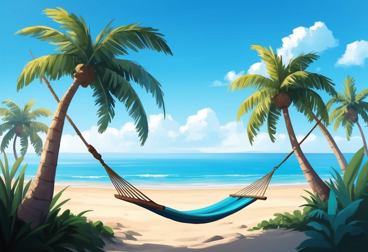 A serene beach with a hammock, palm trees, and a clear blue sky