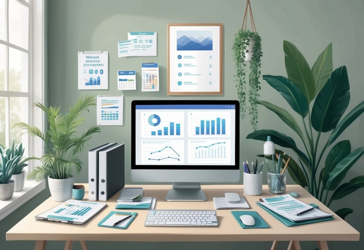 A serene and organized home office space with a desk, computer, and financial planning materials neatly arranged, surrounded by calming natural elements such as plants and natural light