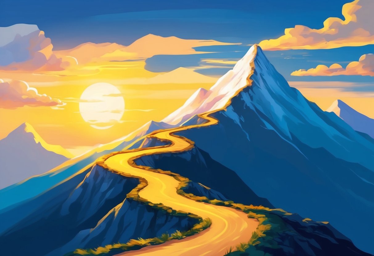 A serene mountain peak with a winding path leading to a golden sunset, symbolizing the journey of overcoming challenges to achieve retirement success