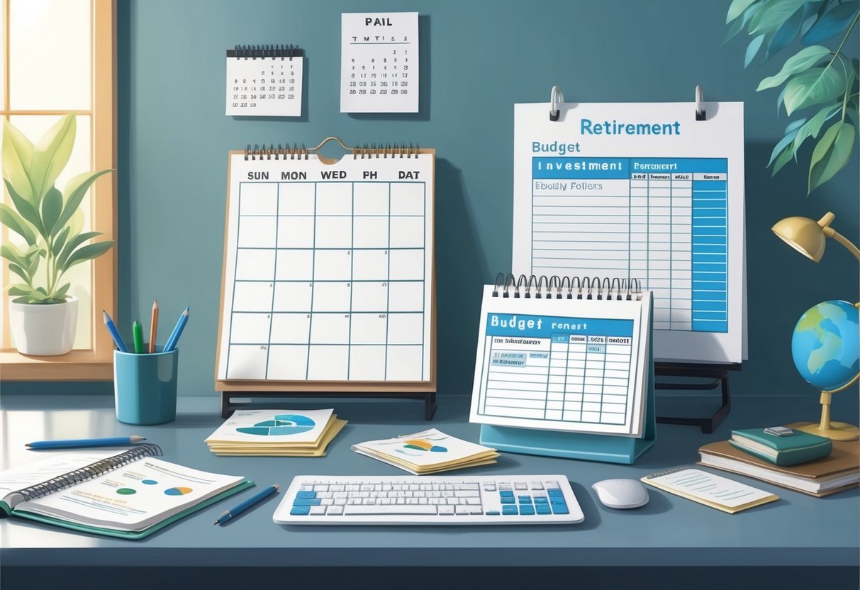 A serene, organized workspace with a calendar, budget spreadsheets, and investment portfolios neatly arranged on a desk, symbolizing the disciplined approach to retirement planning