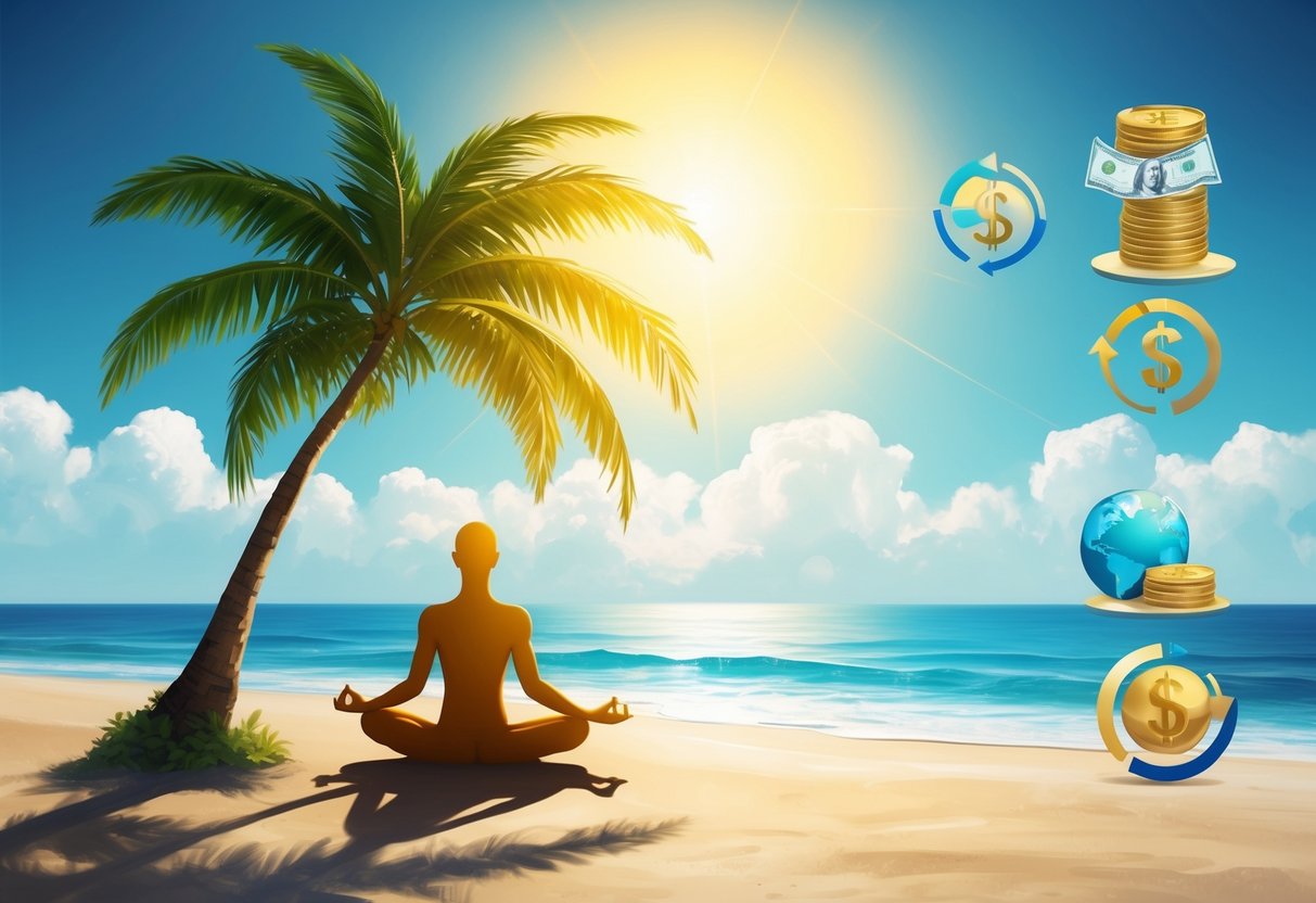 A serene, sunlit beach with a figure meditating under a palm tree, surrounded by symbols of financial success and relaxation