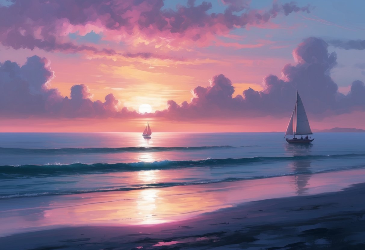 A serene beach at sunset, with a lone sailboat on the horizon and a vibrant sky reflecting in the calm ocean