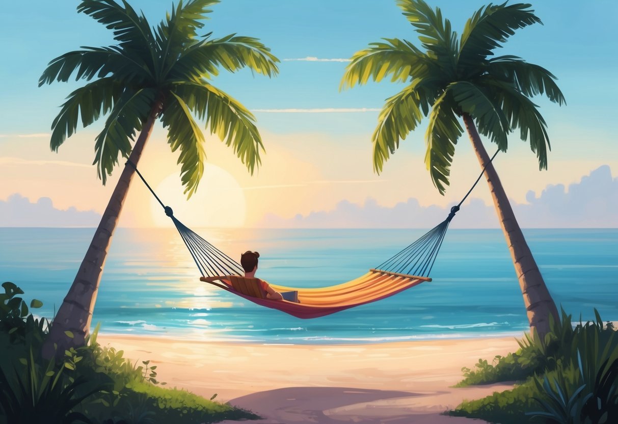 A serene beach at sunset with a hammock between two palm trees, overlooking a calm ocean and a clear sky