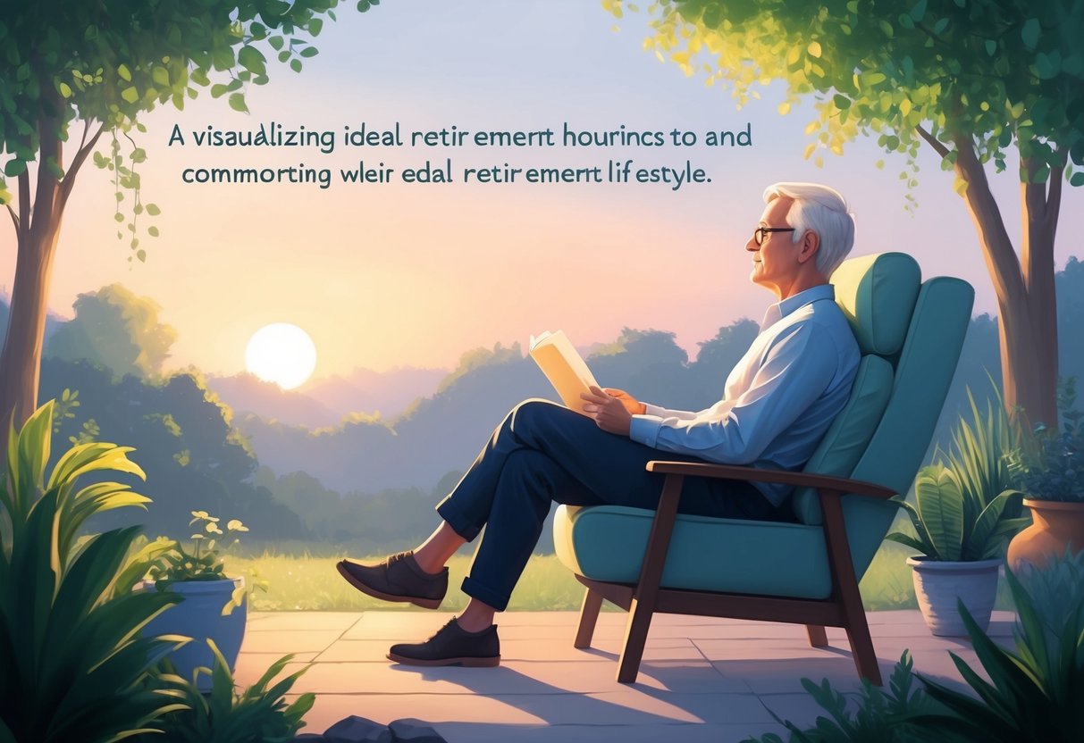 A serene and peaceful morning scene with a person sitting in a comfortable chair, surrounded by nature and visualizing their ideal retirement lifestyle