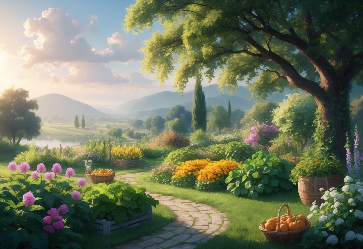 A lush garden with blooming flowers and a bountiful harvest, surrounded by a tranquil, sun-drenched landscape