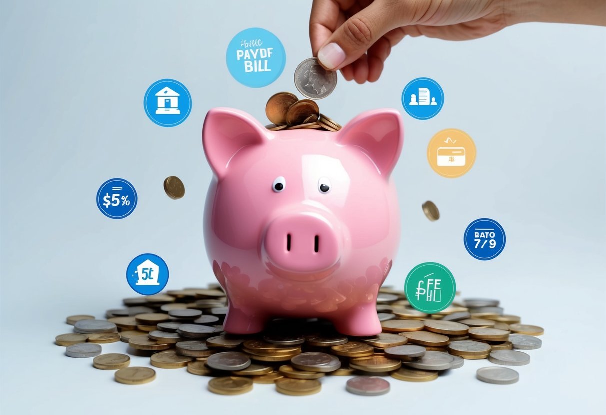 A piggy bank being filled with coins, surrounded by small financial milestones like paying off a bill or reaching a savings goal