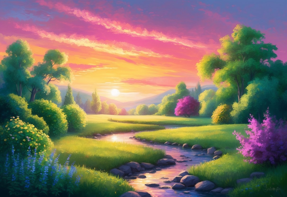 A serene landscape with a vibrant sunset, a lush garden, and a peaceful stream flowing through, evoking a sense of gratitude and personal well-being