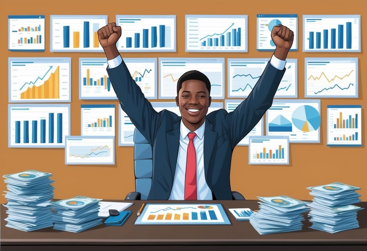 A person sitting at a desk surrounded by financial charts and graphs, smiling and raising their arms in celebration